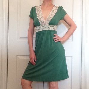 Green V-neck Dress with Lace Trim
